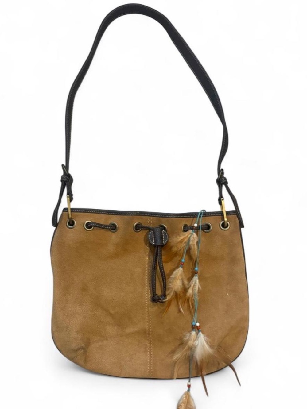 Vintage Suede Hobo Shoulder Bag with Feather Tassel - Brown